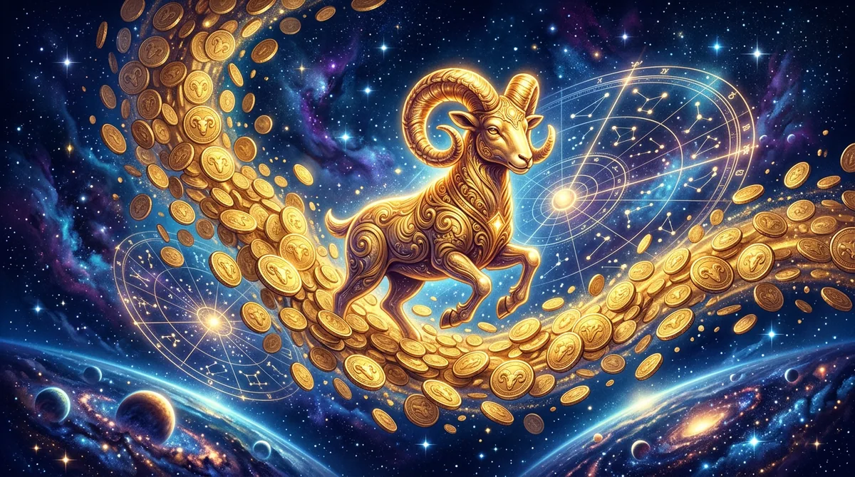 Representação artística dourada do signo de Áries cercado por moedas e constelações brilhantes em fundo azul profundo.