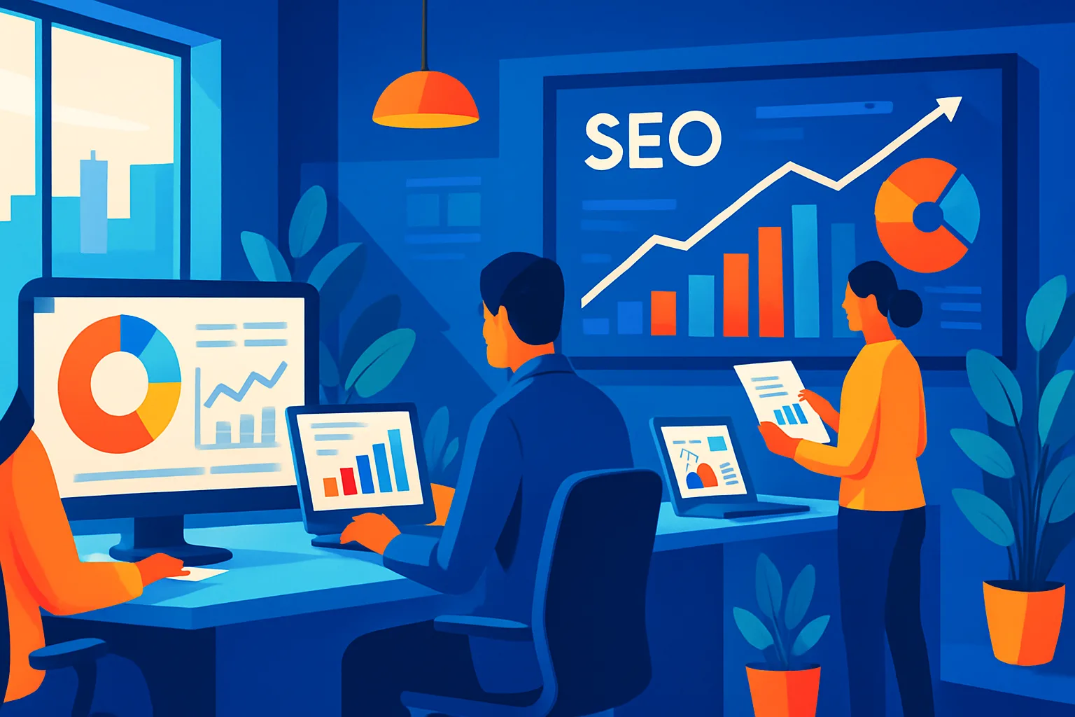 Profissionais de SEO analisando dados em um escritório moderno.