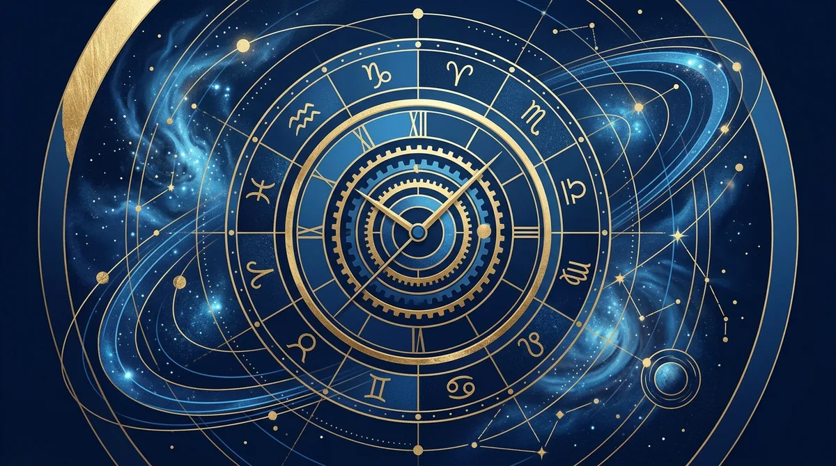 Ilustração abstrata de um relógio cósmico integrado a constelações e mapas astrais em tons de azul e dourado.