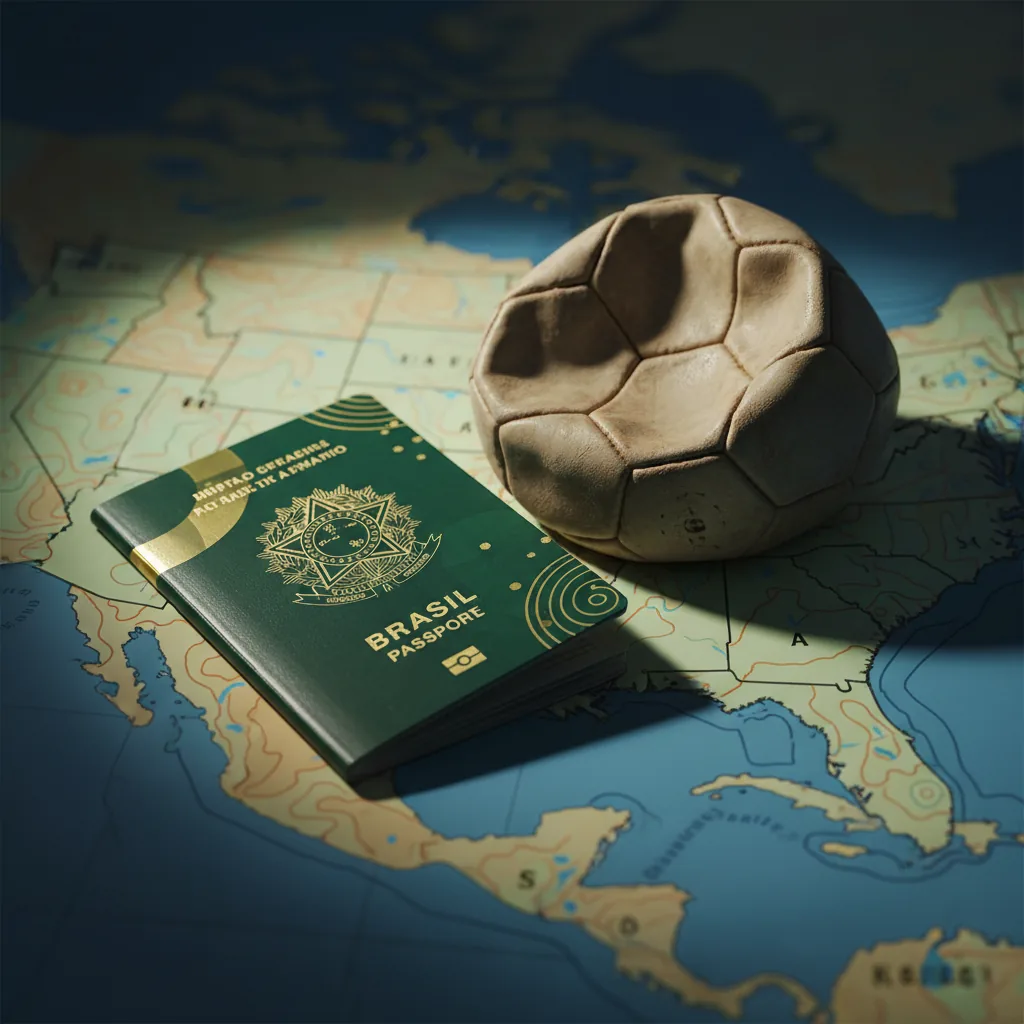 Passaporte brasileiro e bola de futebol, representando o planejamento do visto americano para a Copa do Mundo 2026.