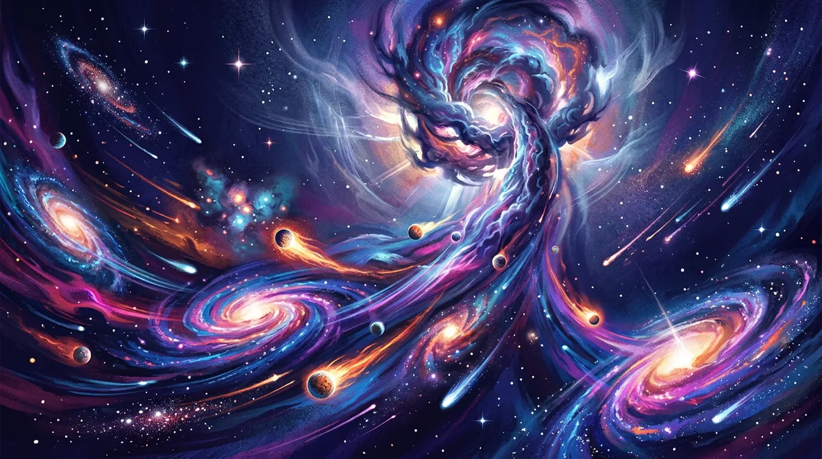 Representação artística da mudança astral rápida em abril de 2026 com nebulosas vibrantes e relógios cósmicos sugerindo pressa e transformação.