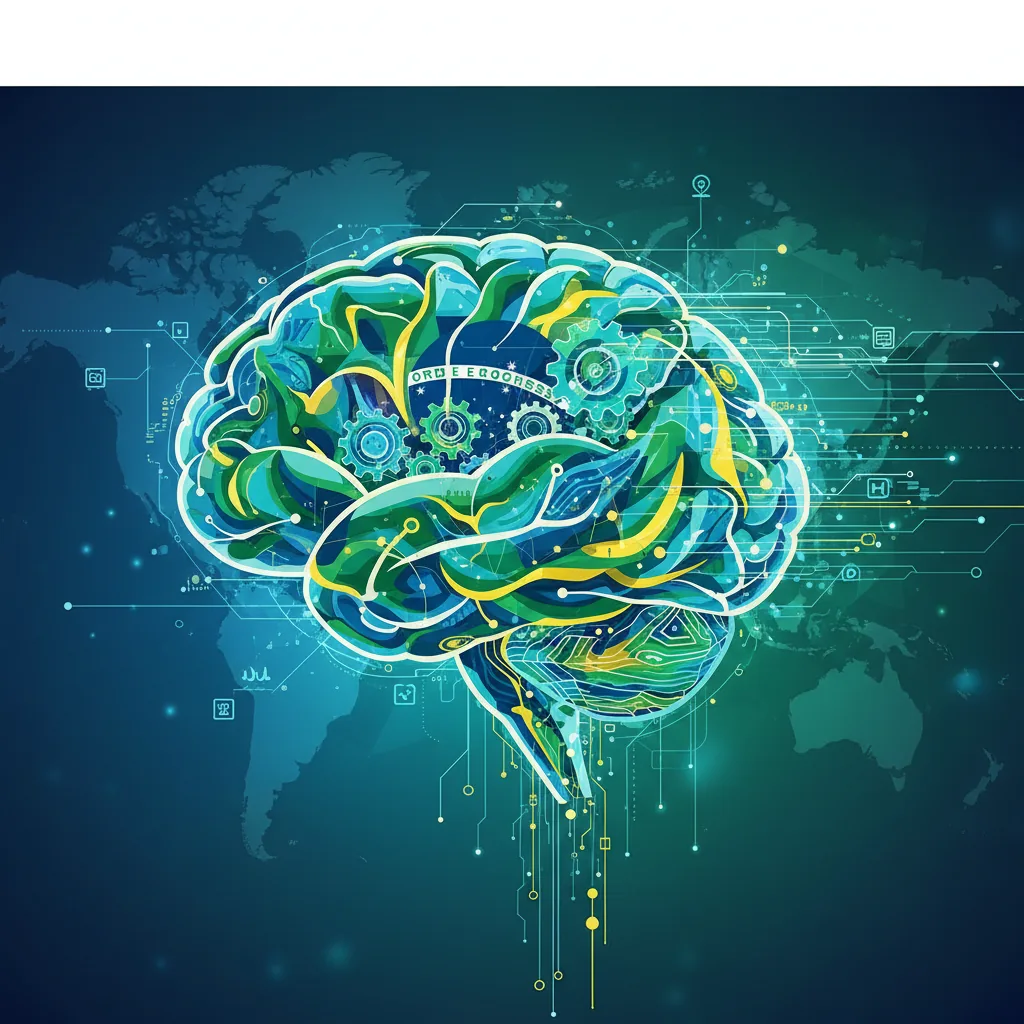 Cérebro de inteligência artificial com cores da bandeira brasileira e fluxos de dados, simbolizando a otimização de IAs para o mercado nacional.