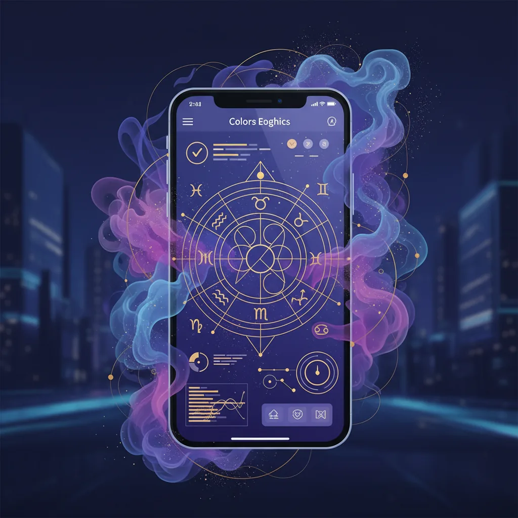 Representação abstrata do Modo Astrologia do Tinder com símbolos de signos e um smartphone, ilustrando a união de tecnologia e misticismo.