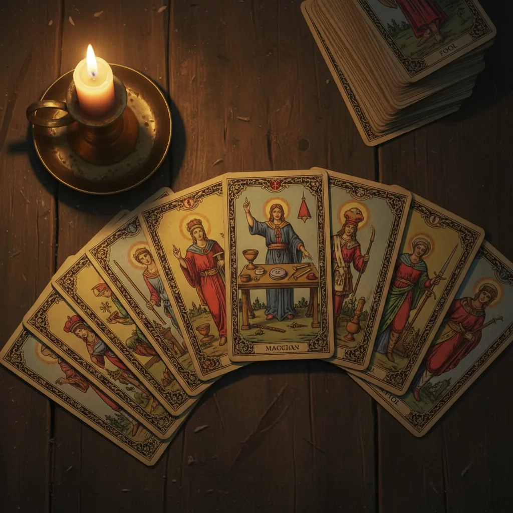 Uma mesa com cartas de tarô espalhadas, destacando a carta do Mago, ilustrando o guia de como ler tarô para iniciantes.