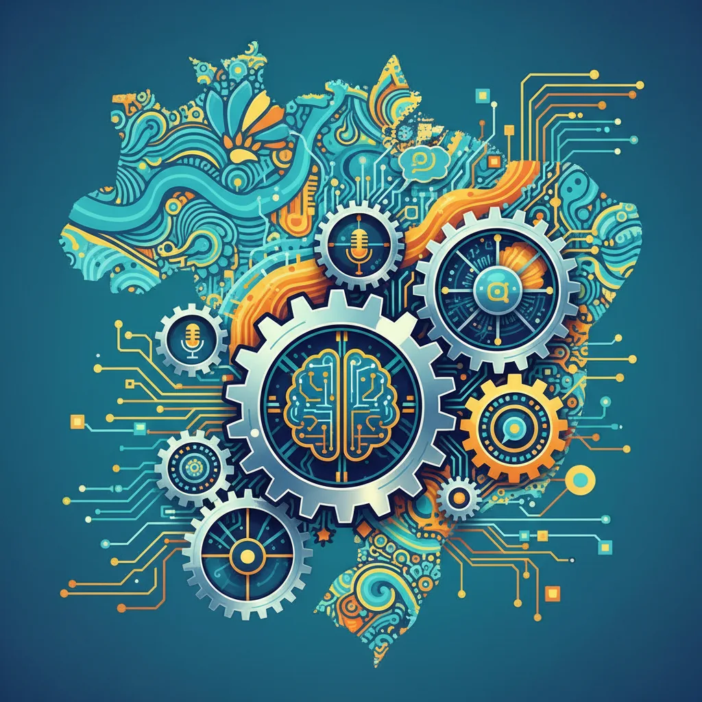 Ilustração abstrata de um framework de conteúdo e AEO para empresas brasileiras, com engrenagens interconectadas e fluxo de dados.