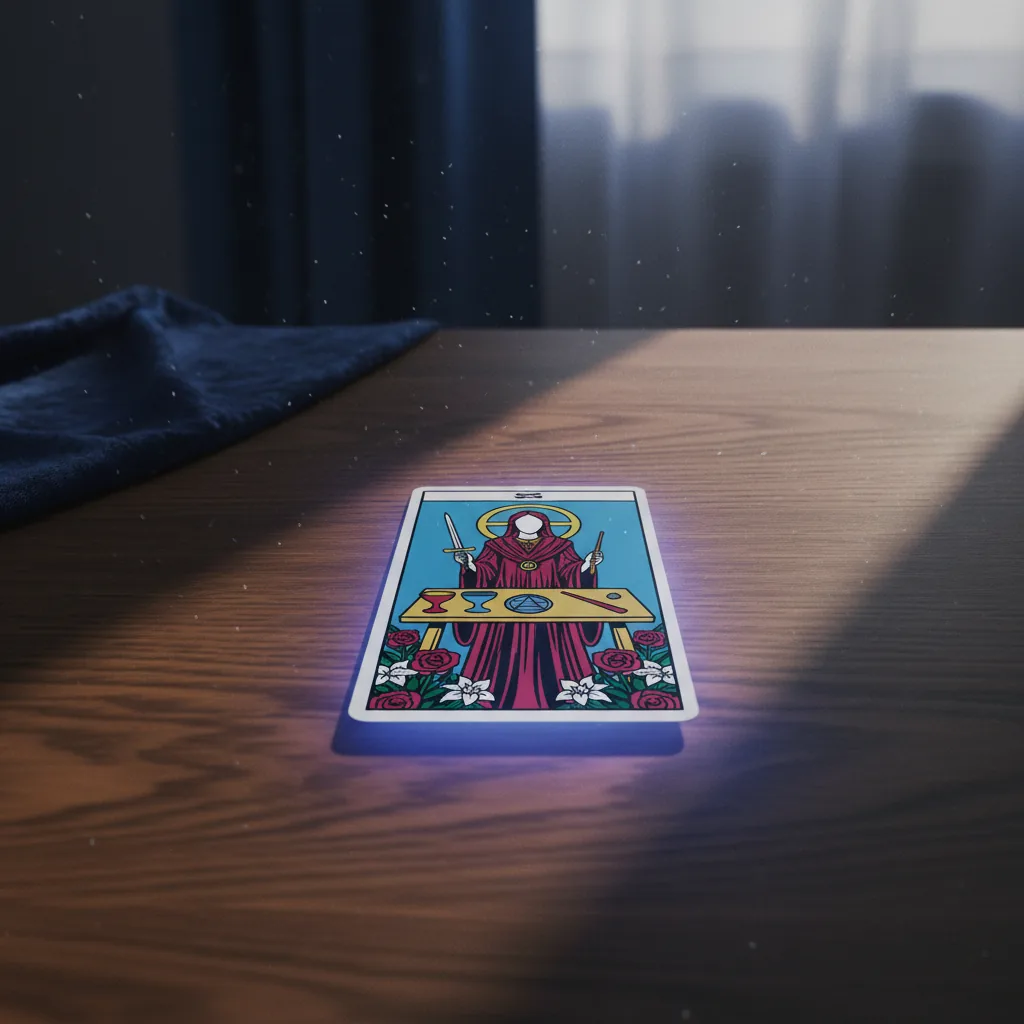 Carta do Mago sobre uma mesa escura, iluminada por uma luz mística, ilustrando o aprendizado de tarô para iniciantes.