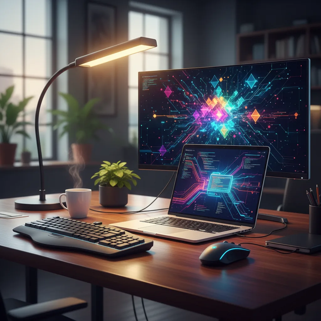 Programador freelancer trabalhando em setup profissional com múltiplos monitores e ferramentas de IA em 2026