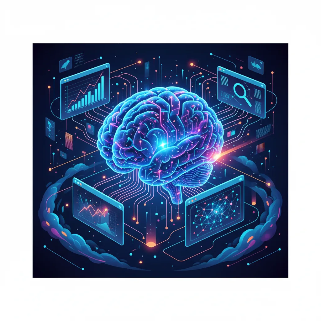 Cérebro digital futurista com telas de análise de blog e IAs, simbolizando a automação e inteligência do BlogAI para SEO.
