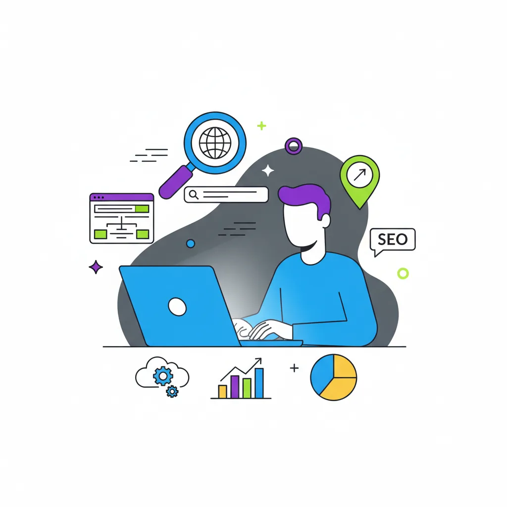 Empreendedor brasileiro otimizando SEO em laptop com métricas e ícones digitais