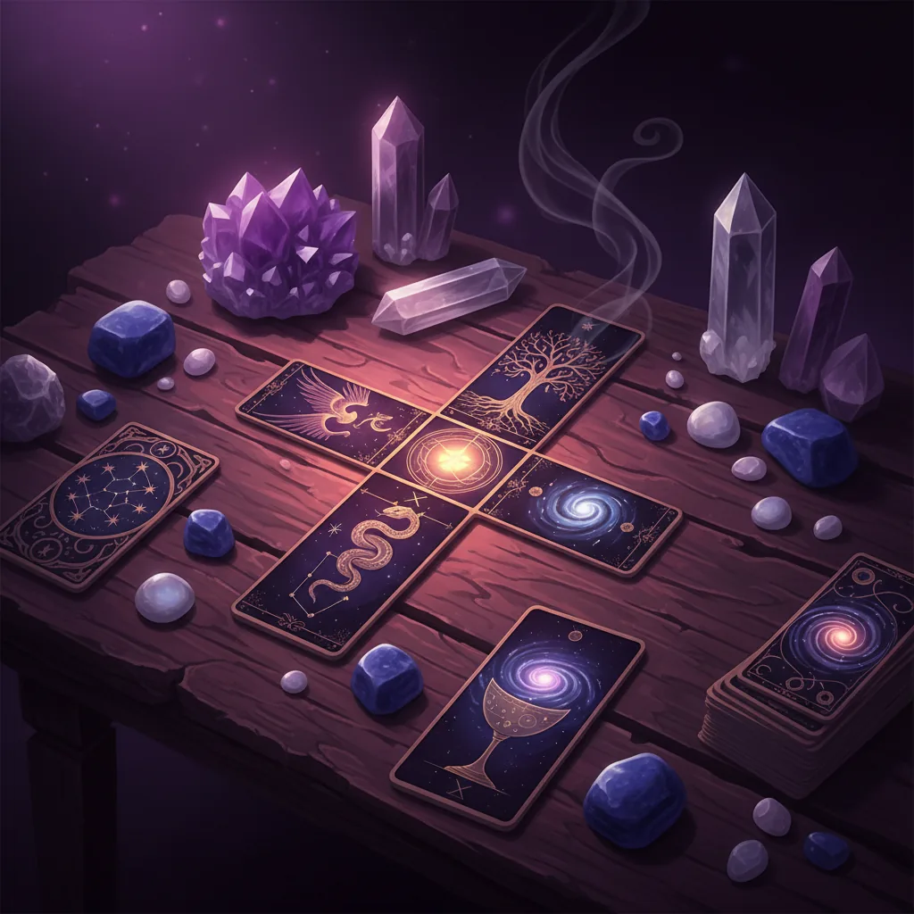 Cartas de tarot sobre mesa de madeira com cristais e velas em ambiente místico 2026
