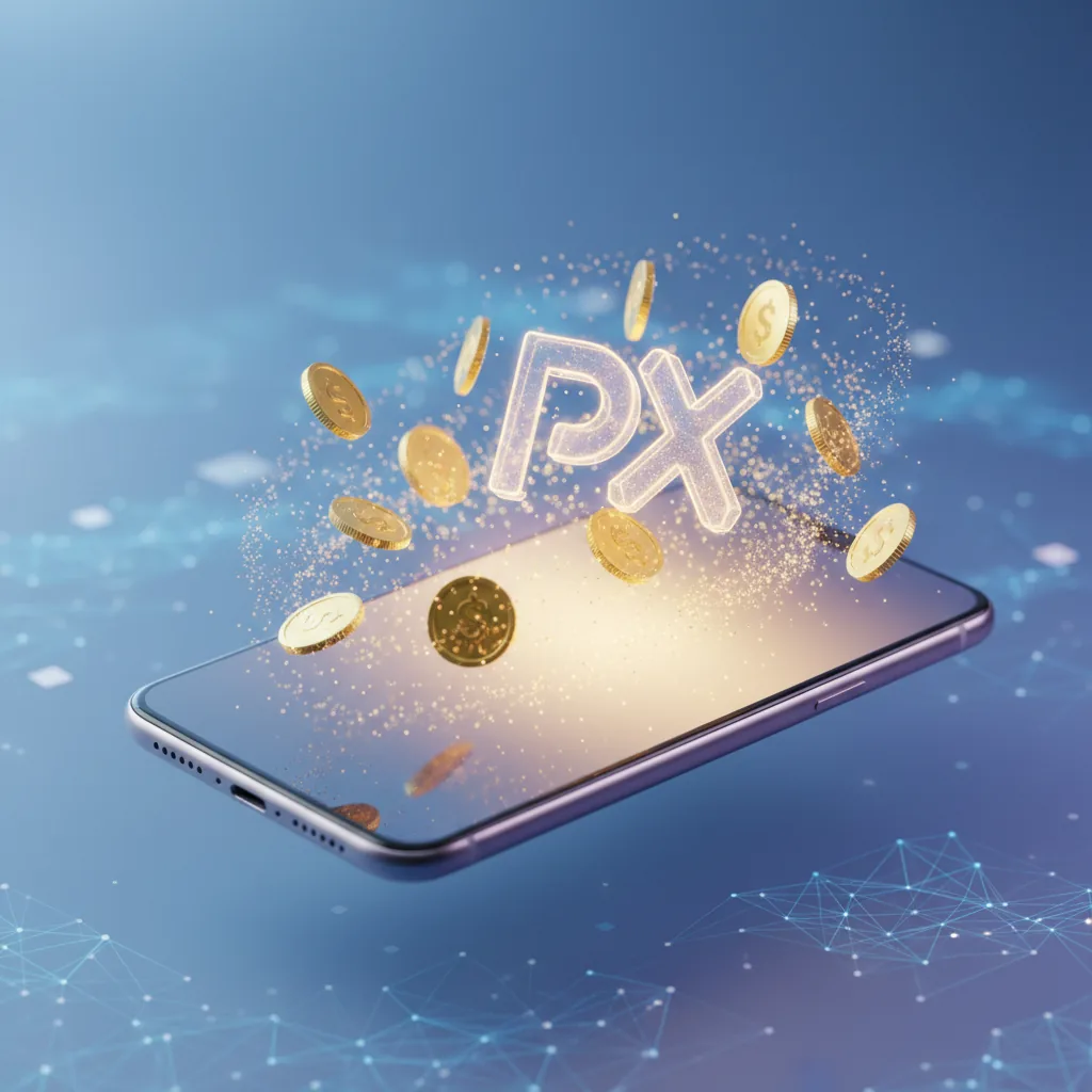Ilustração de um smartphone exibindo moedas digitais e o logotipo do Pix em um ambiente tecnológico.