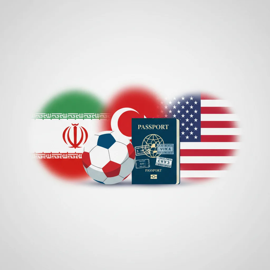 Ilustração da bola da Copa 2026 ao lado de um passaporte com vistos, representando a viagem do Irã à Turquia para obter o visto americano.
