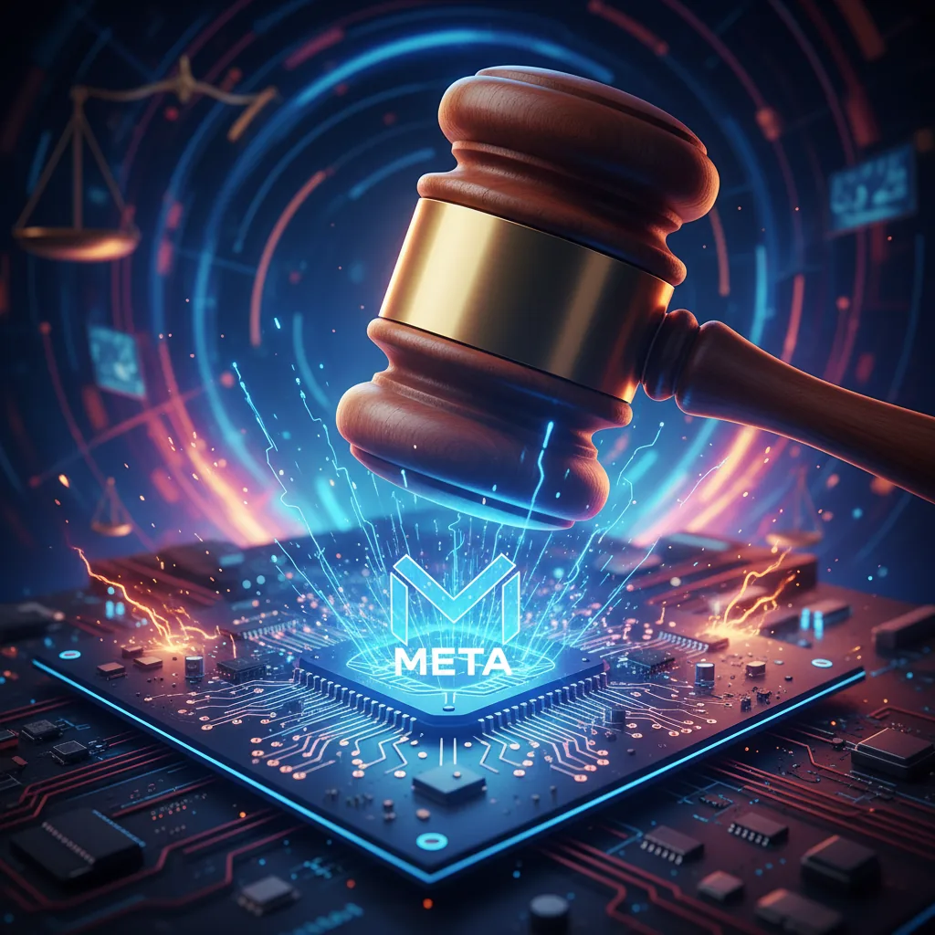 Ilustração do processo contra a Meta por IA, mostrando um martelo da justiça sobre um circuito eletrônico.