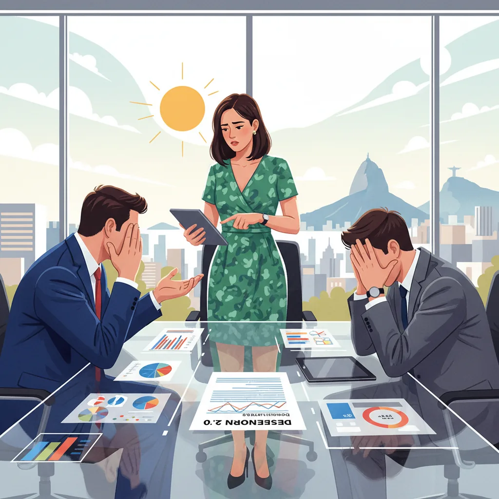 Executivos de empresas de apostas brasileiras discutindo as novas regras do Desenrola 2.0 com expressões apreensivas