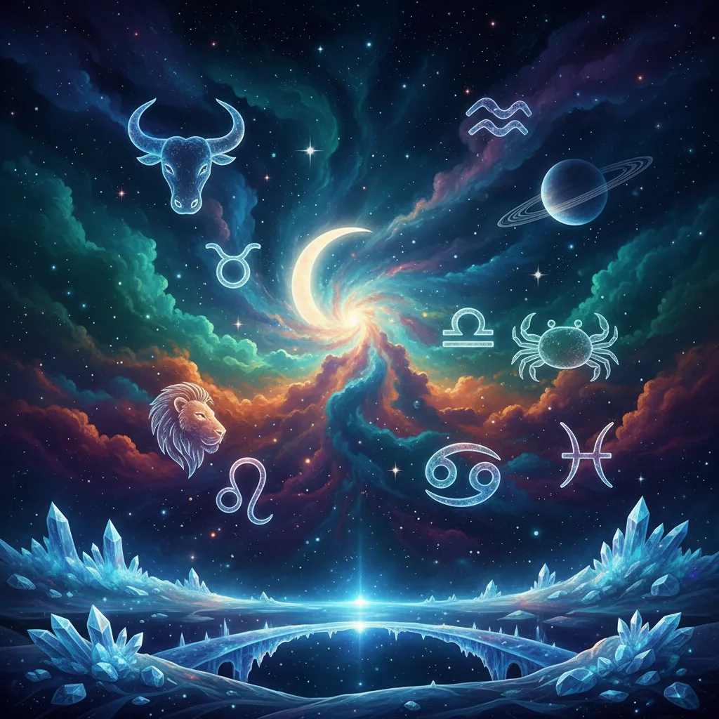 Representação visual do céu noturno com símbolos astrológicos, ilustrando o guia prático de astrologia para iniciantes