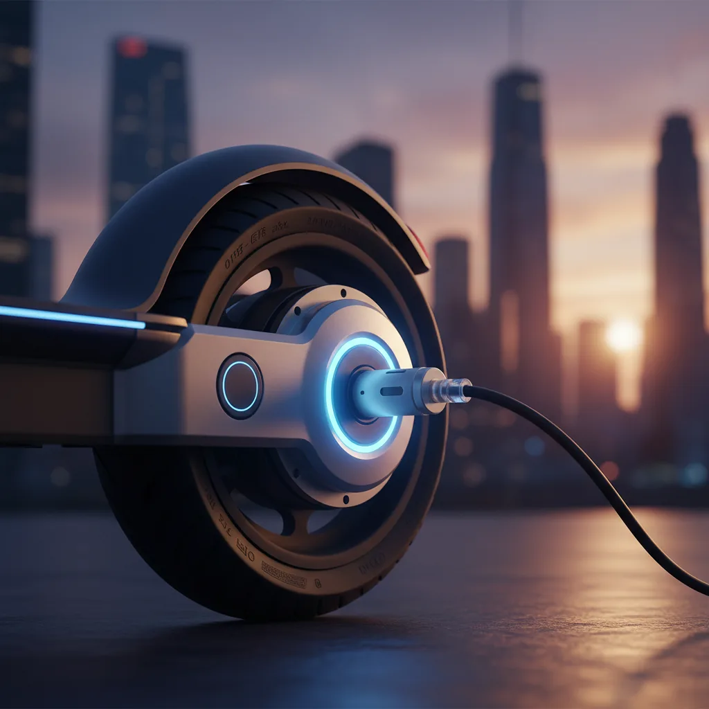 Visão moderna de uma scooter elétrica carregando em uma estação urbana futurista em 2026, destacando a roda e o cabo de energia.