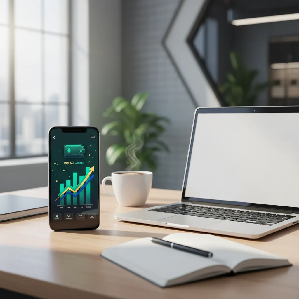 Smartphone exibindo notificações de pagamentos recebidos e gráficos de ganhos online sobre uma mesa de escritório moderna.