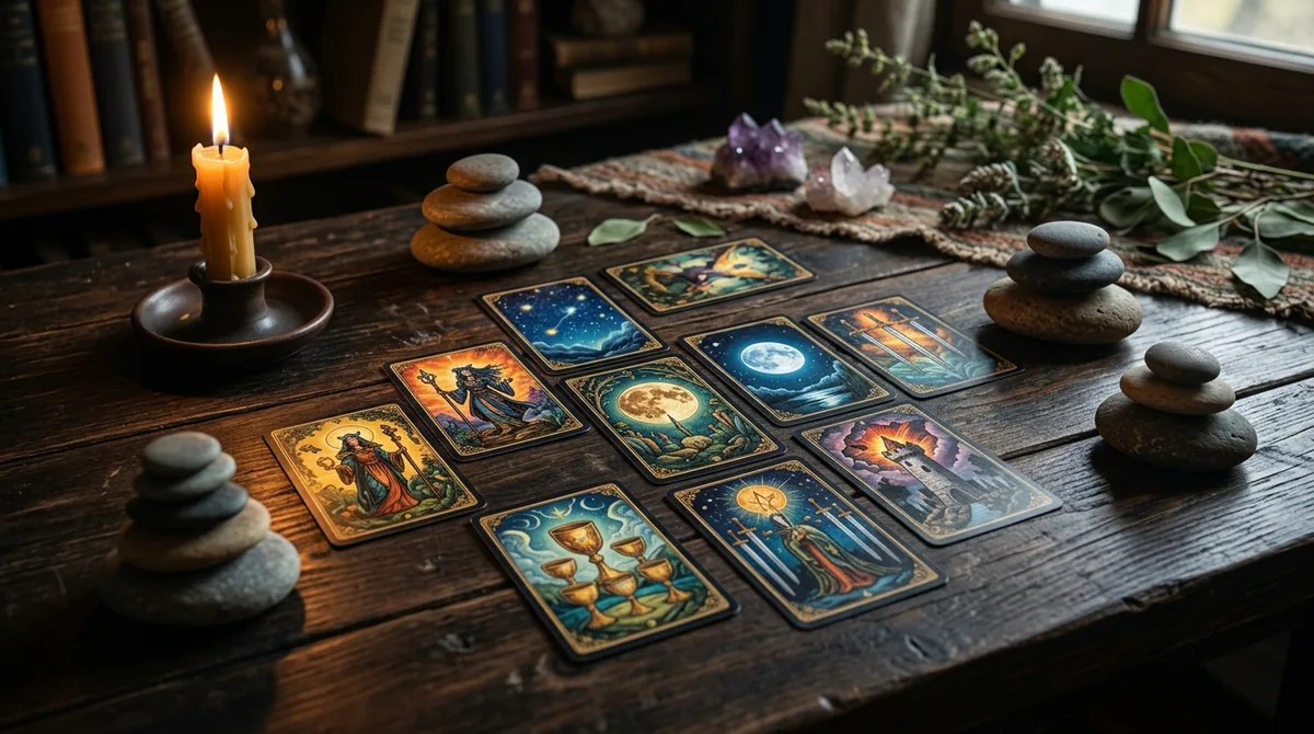 Cartas de tarô dispostas sobre uma mesa de madeira com elementos de equilíbrio como pedras e uma vela suave.