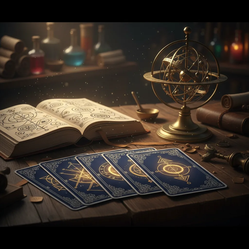 Ilustração mística mostrando a conexão entre cartas de tarô, símbolos numerológicos e planetas do sistema solar em tons de dourado e azul profundo.