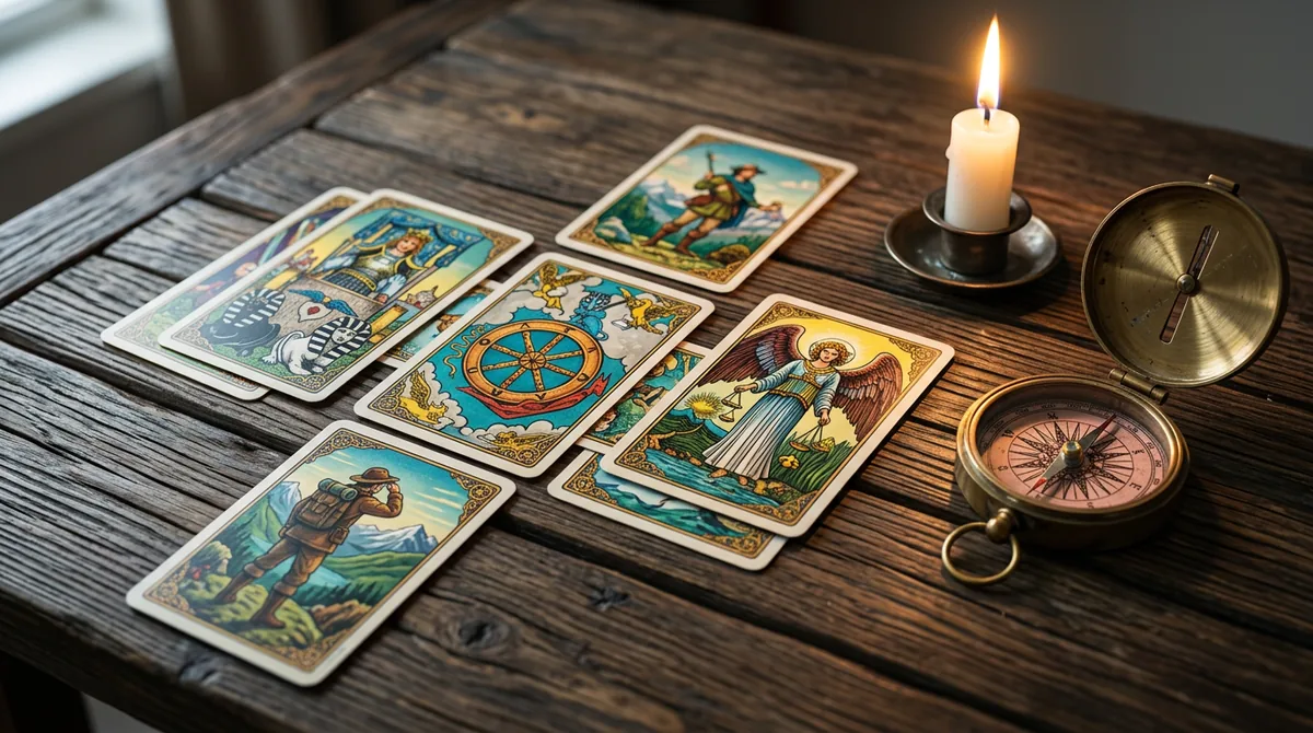 Cartas de tarô sobre uma mesa de madeira com elementos que sugerem foco e clareza, como uma bússola e uma vela acesa.