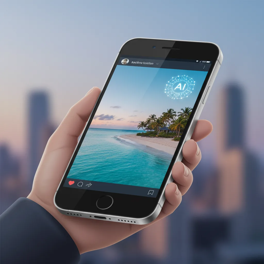 Um smartphone exibindo o novo selo de IA do Instagram em uma postagem de viagem, ilustrando a nova regra de 2026.