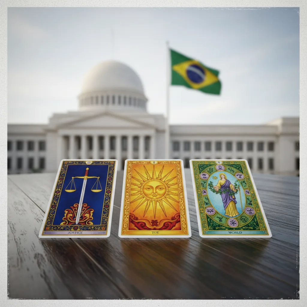Ilustração artística de cartas de tarô flutuando sobre um mapa do Brasil com símbolos de poder e justiça.