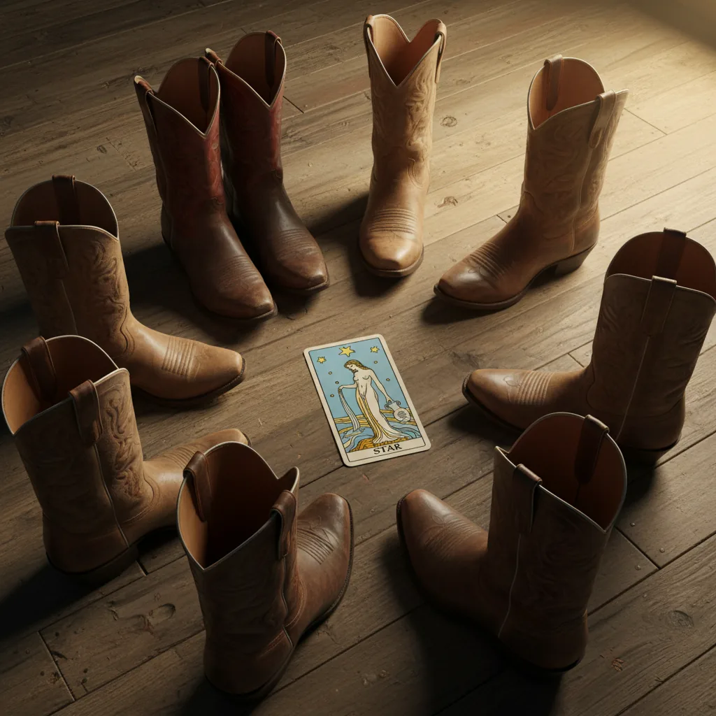 Uma imagem conceitual mostrando seis pares de botas em círculo com a carta de tarô A Estrela no centro, representando a música Tarô da girlband Muierada.