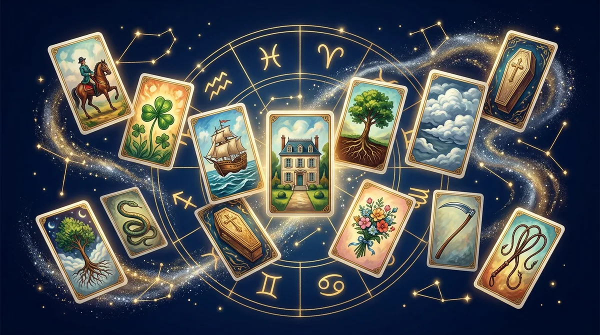 Ilustração artística de cartas de baralho cigano flutuando sobre um fundo cósmico com constelações de estrelas.