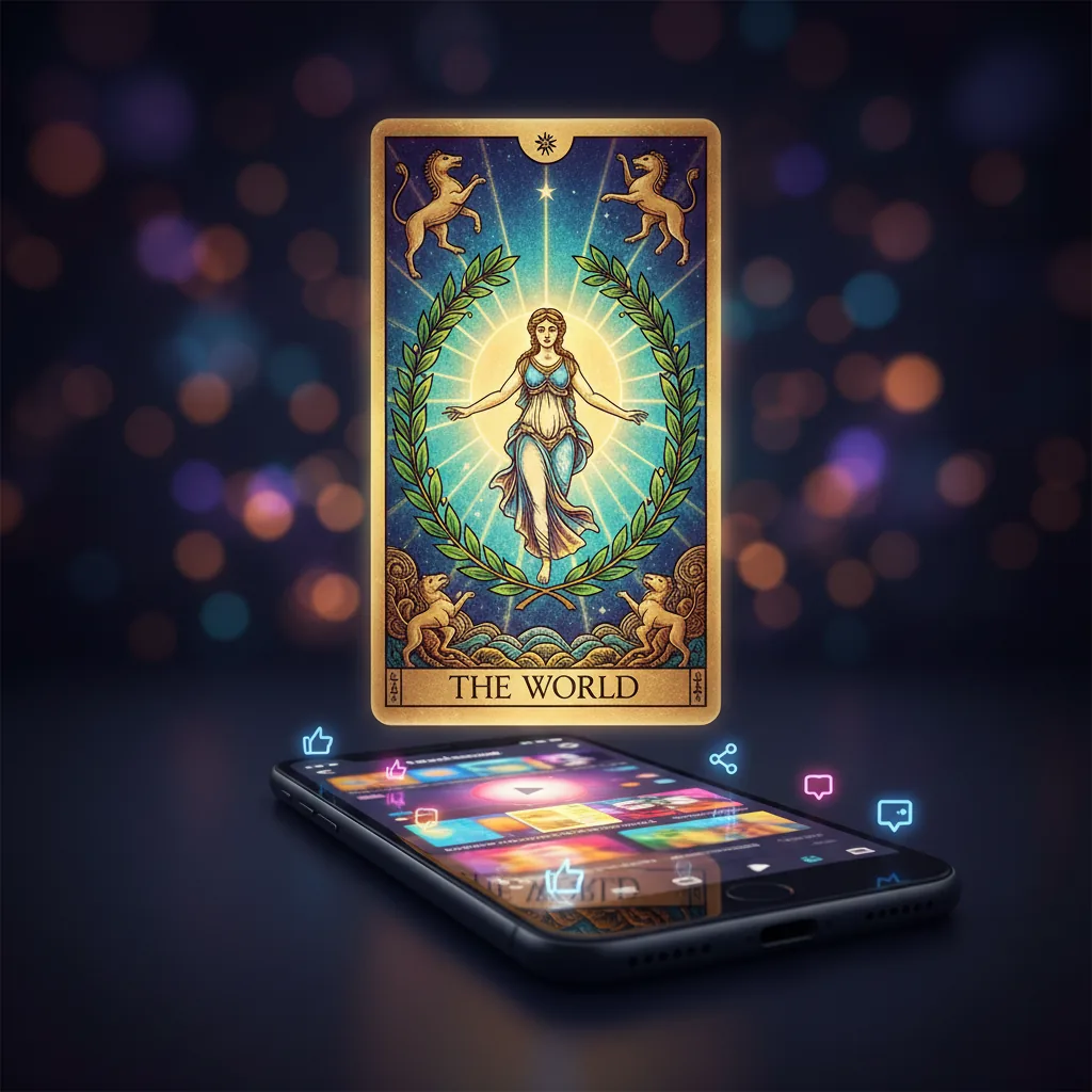 Uma carta de tarô brilhante flutuando acima de um smartphone que exibe a interface do TikTok, ilustrando o fenômeno Tarotok.