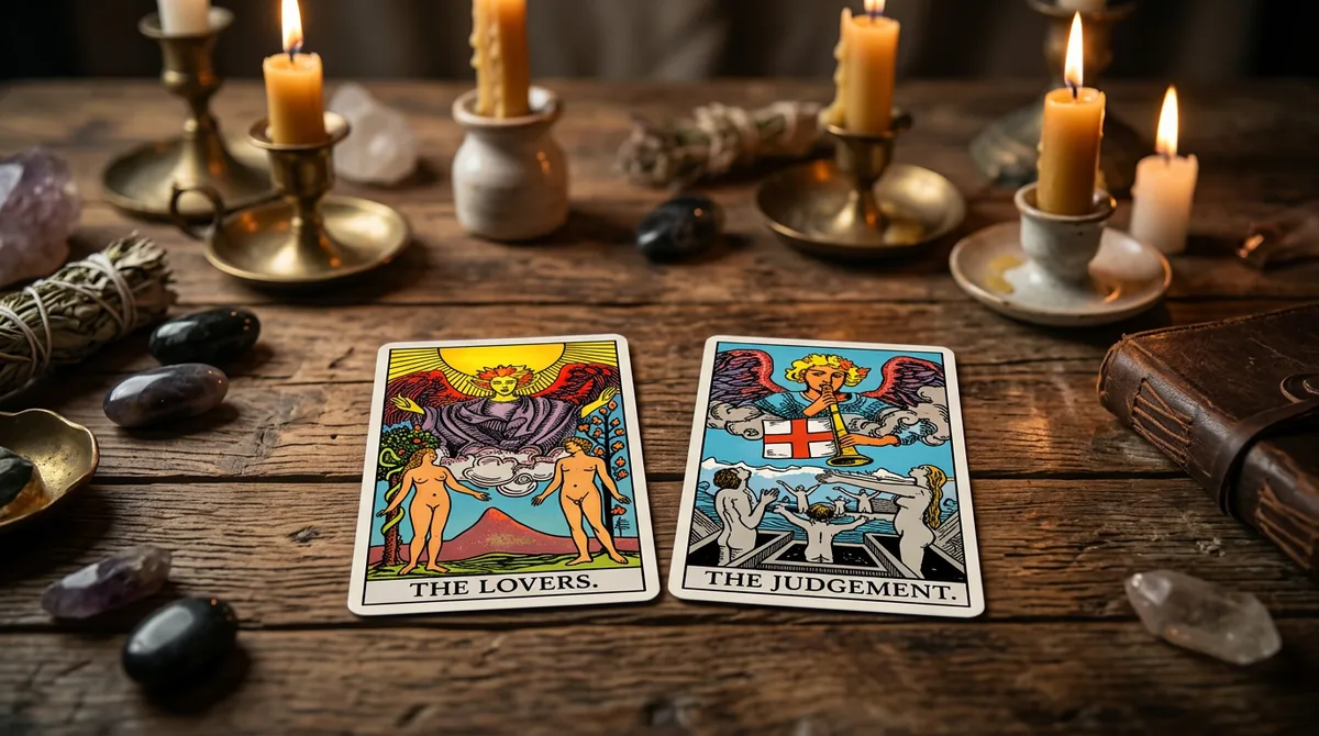Cartas de tarô sobre uma mesa de madeira com luz suave, representando previsões amorosas e reconciliação.