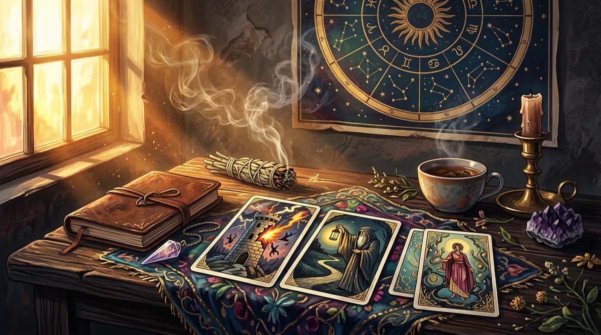 Cartas de tarô sobre uma mesa de madeira com elementos astrológicos e luz suave indicando orientações para o ranking astral de abril de 2026.
