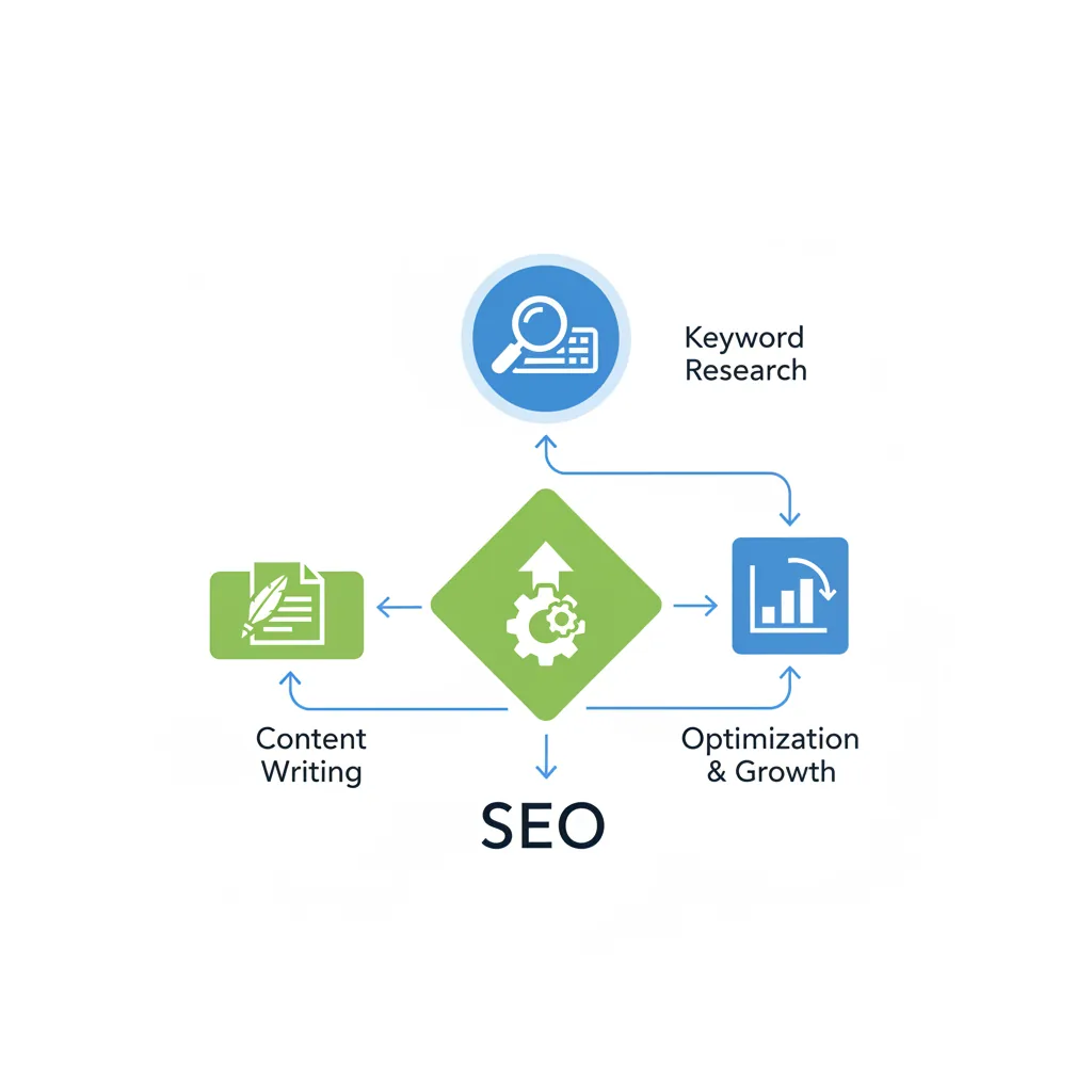 Templates de SEO para 2026: um fluxograma mostrando o processo de otimização de conteúdo.