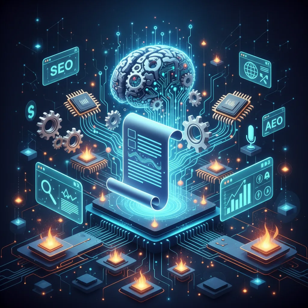 Ilustração abstrata de otimização de blog com inteligência artificial, mostrando elementos de SEO, GEO e AEO.