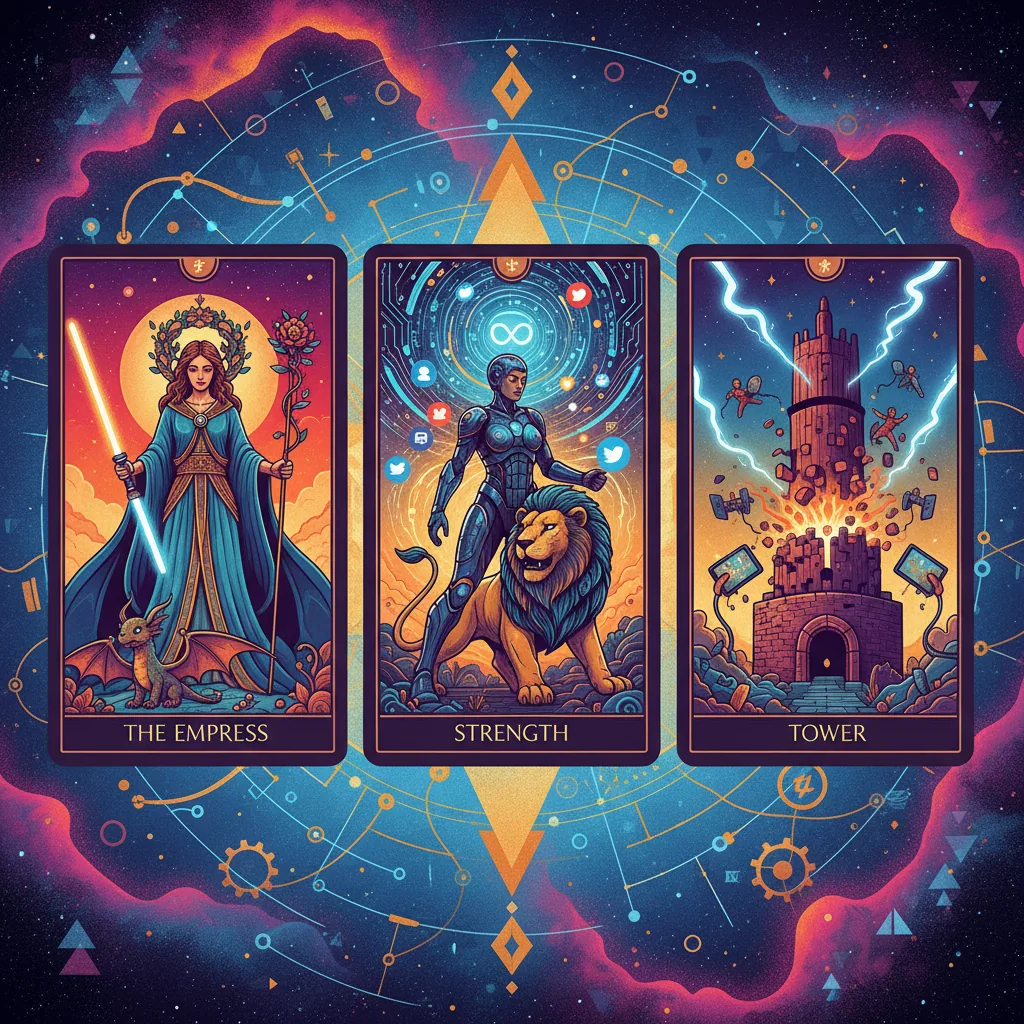 Cartas de tarô misturadas com elementos da cultura pop, em um estilo moderno e vibrante, em 2026