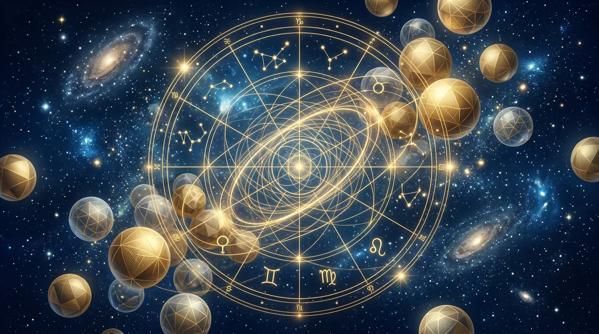 Ilustração artística de um mapa astral flutuando sobre globos de sorteio de loteria e moedas douradas em 2026