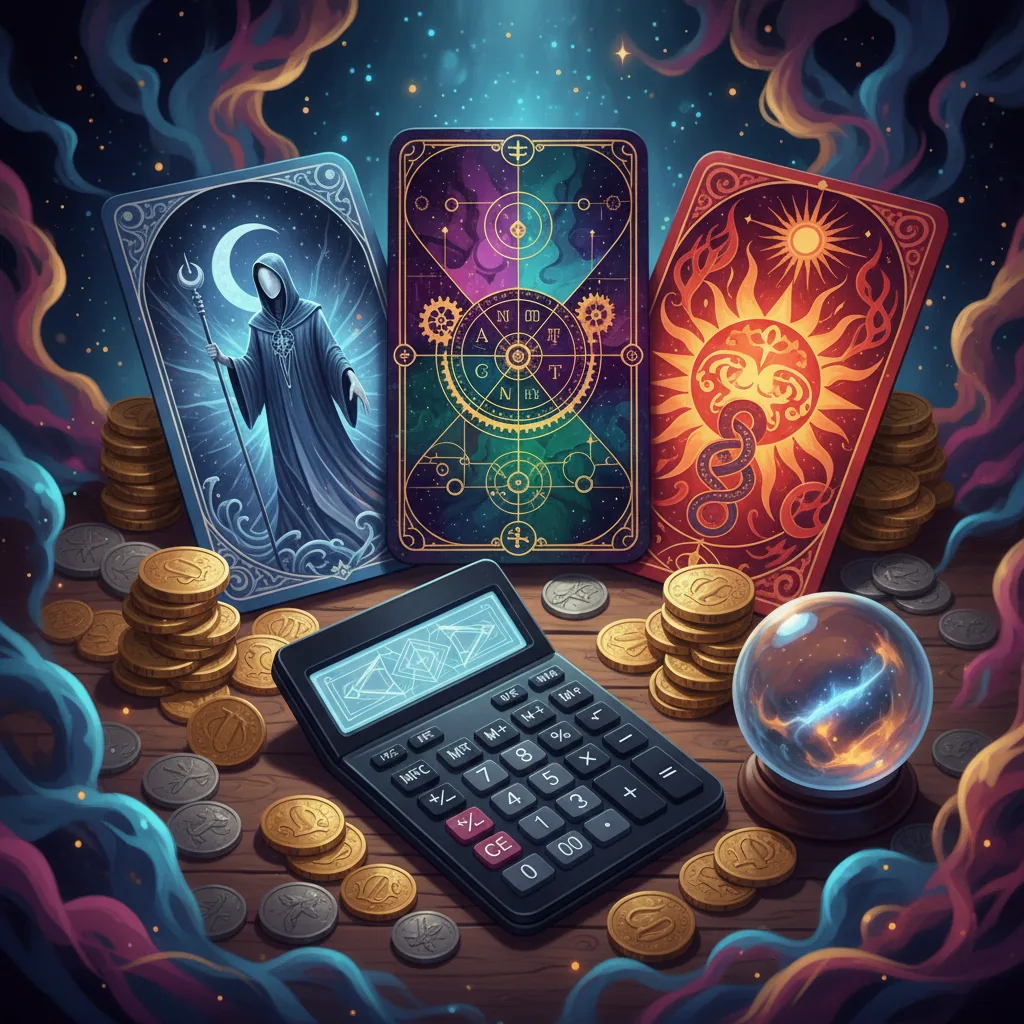 Cartas de tarô sobre uma mesa com moedas e calculadora, simbolizando finanças e tomada de decisão