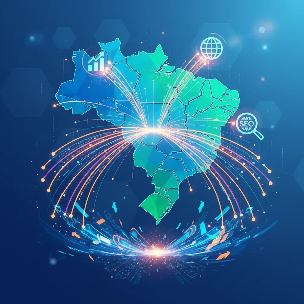 Um globo estilizado mostrando a conexão digital entre o Brasil e os Estados Unidos, ilustrando o uso de SEO para empresas brasileiras no exterior.