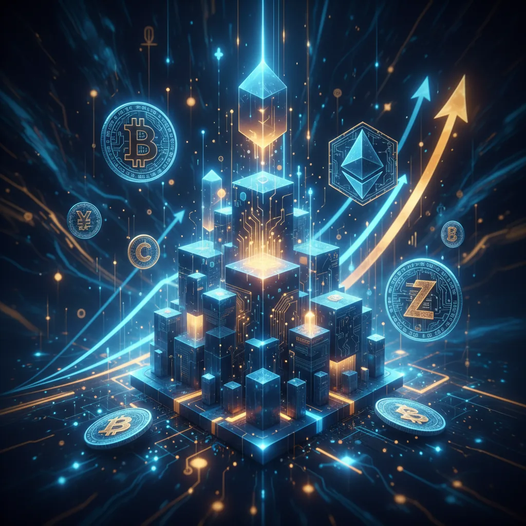 Ilustração moderna representando o conceito de dinheiro digital com ícones de blockchain e gráficos financeiros em tons de azul e dourado.