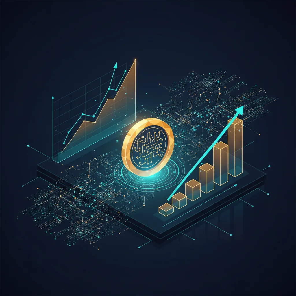 Ilustração moderna representando o conceito de dinheiro digital com ícones de blockchain e gráficos financeiros em tons de azul e dourado.