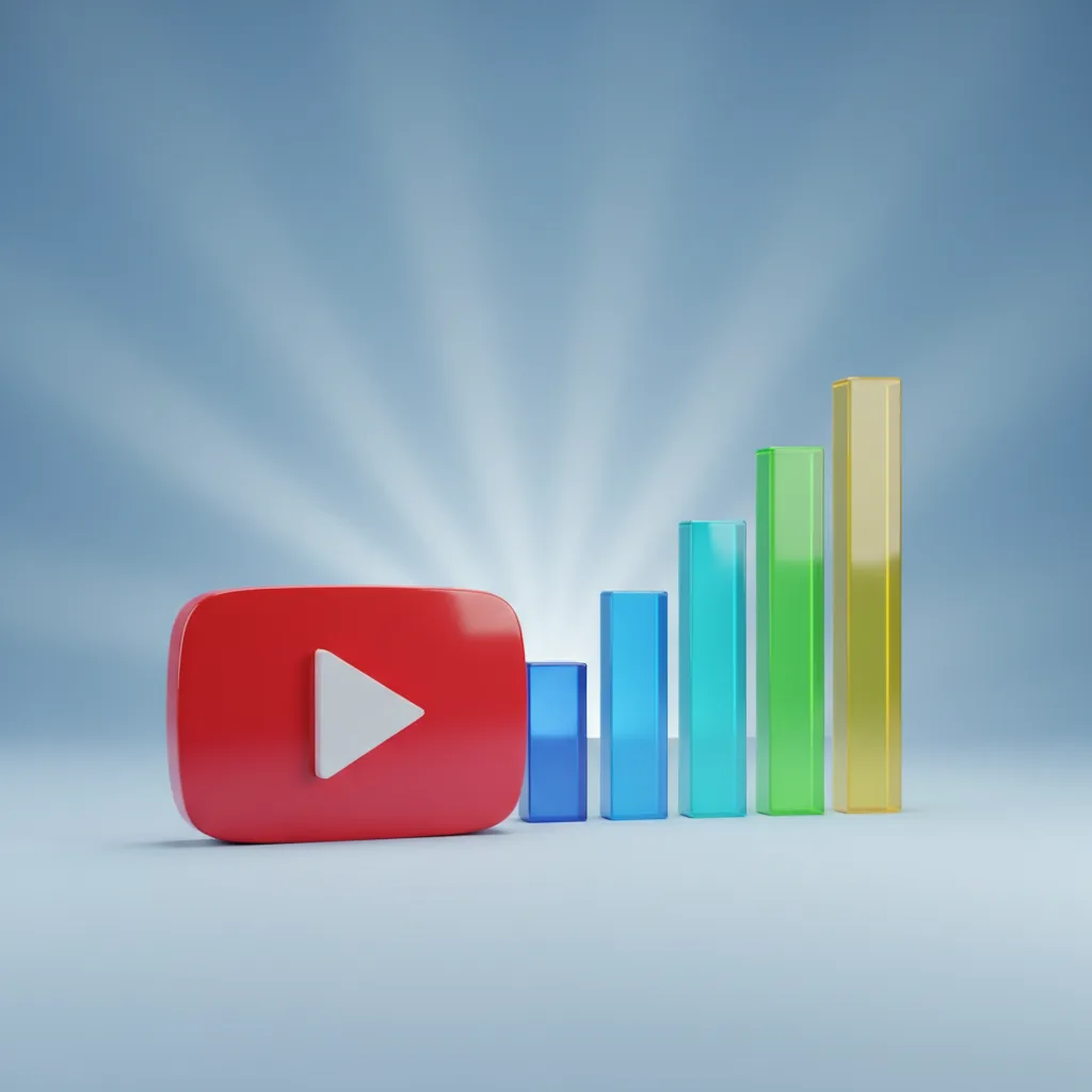 Gráfico de barras ascendente ao lado do ícone do YouTube, simbolizando o sucesso de uma agência de marketing YouTube.