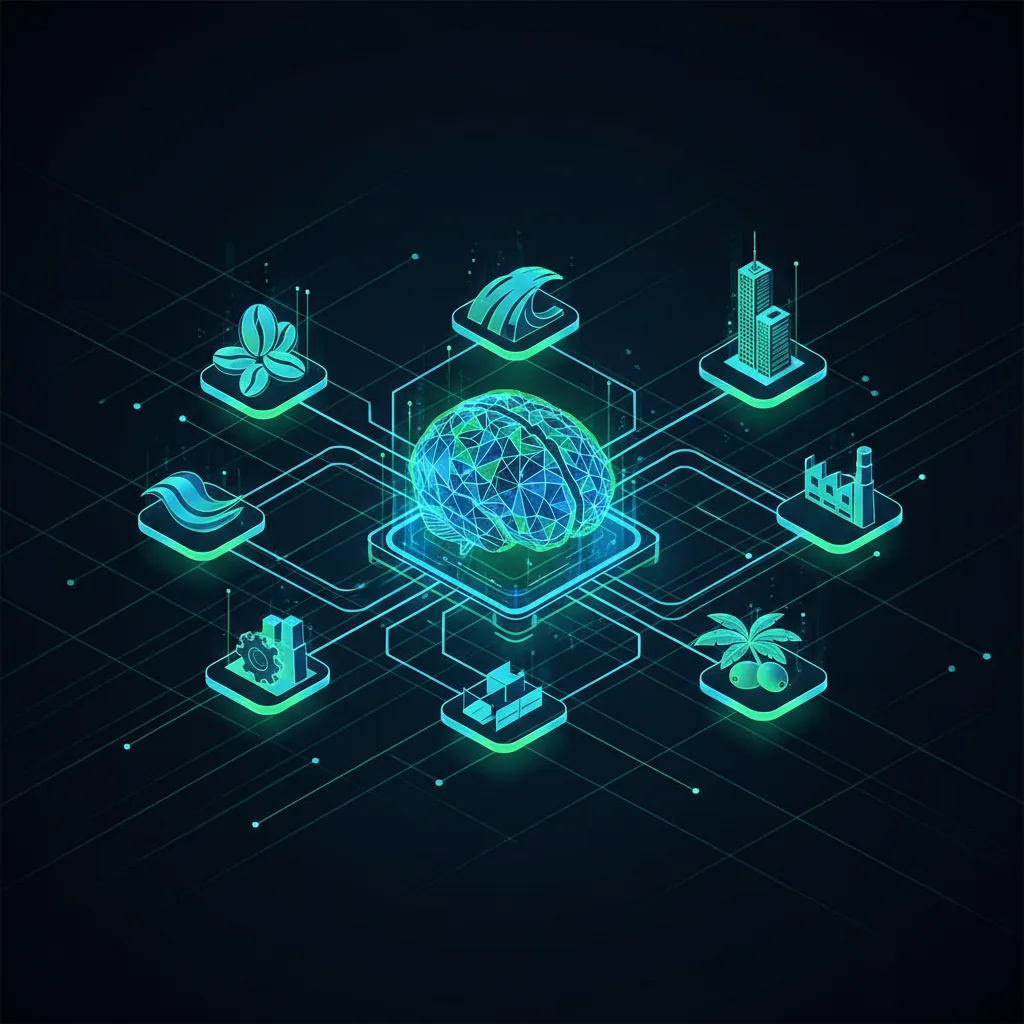 Infográfico digital mostrando a conexão entre logotipos de IAs como ChatGPT e logotipos de empresas brasileiras com selos de autoridade digital.