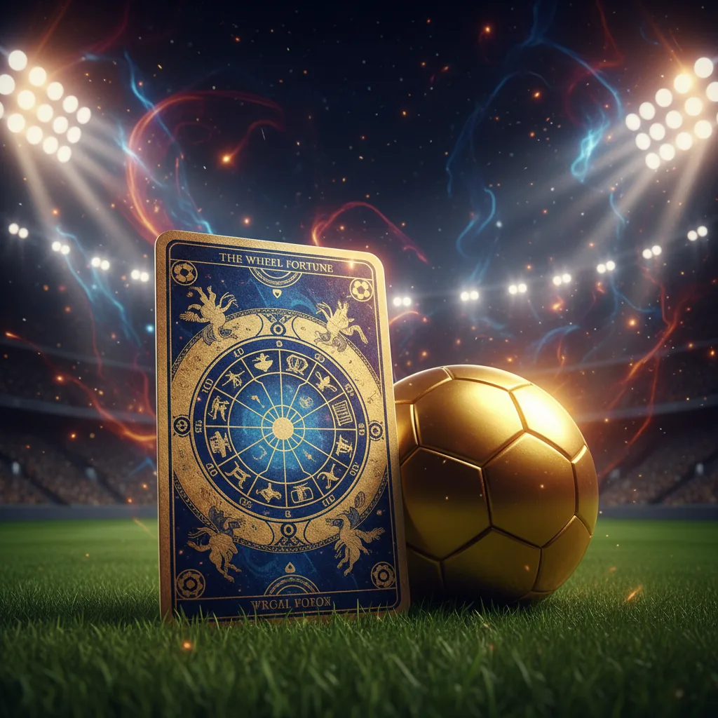 Uma carta de tarô (A Roda da Fortuna) e uma bola de futebol no gramado de um estádio, ilustrando as previsões do tarô para a estreia do Brasil na Copa 2026.