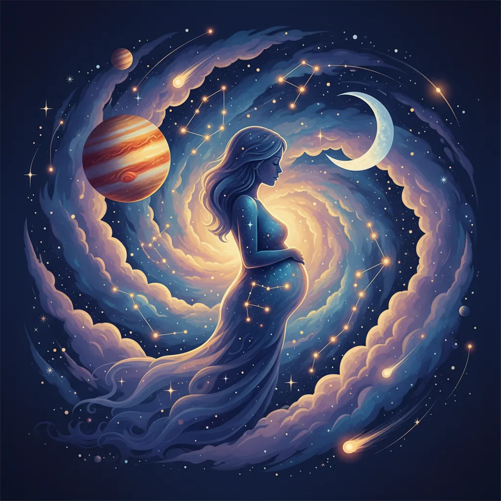 Representação artística da astrologia e gravidez em 2026, com silhueta de gestante e constelações.