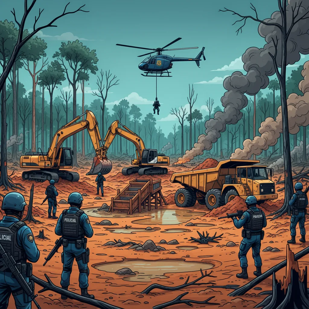 Operação da Polícia Federal em local de mineração ilegal na Amazônia