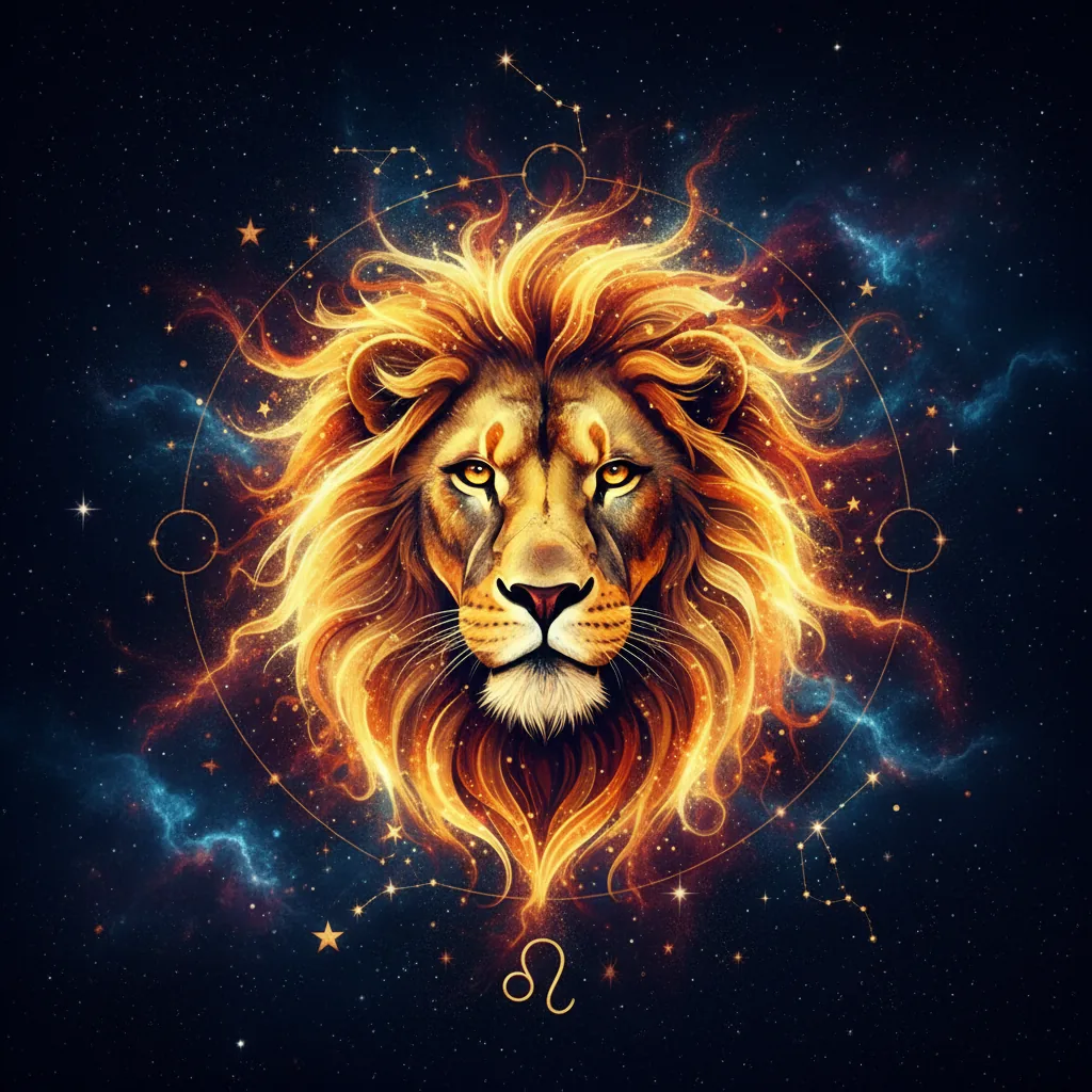 Ilustração do signo de Leão, um leão dourado com brilho natural, representando a razão da inveja que o signo atrai.