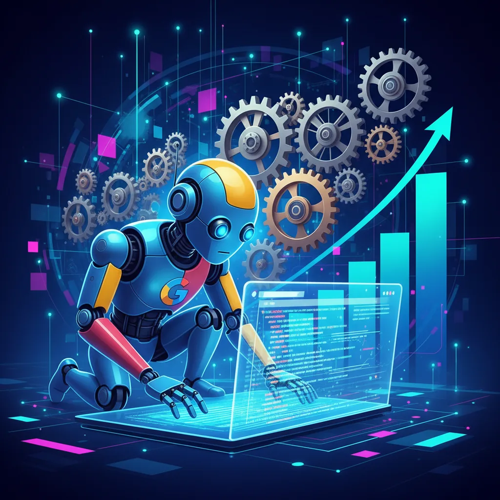 Uma ilustração de um robô do Google examinando o código-fonte de um site, simbolizando o SEO técnico, com uma interface futurista ao redor.