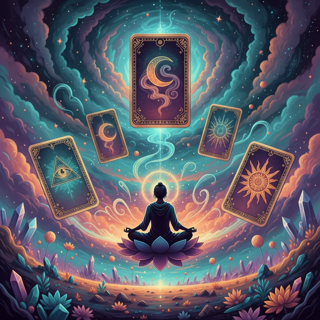 Imagem surreal de cartas de tarô flutuando em um cenário de sonhos com símbolos místicos e uma pessoa meditando para interpretar mensagens.