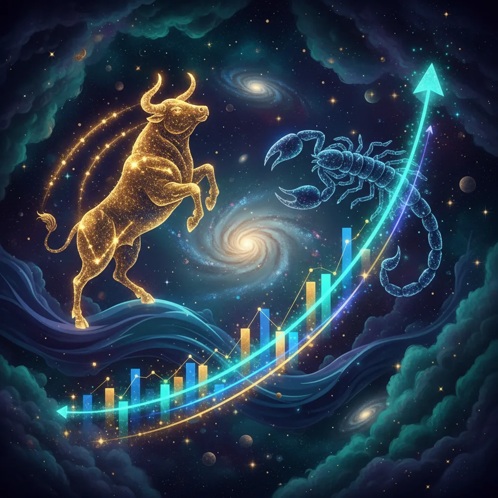 Virada financeira em maio de 2026 para os signos de Touro e Escorpião, com símbolos astrais no céu.