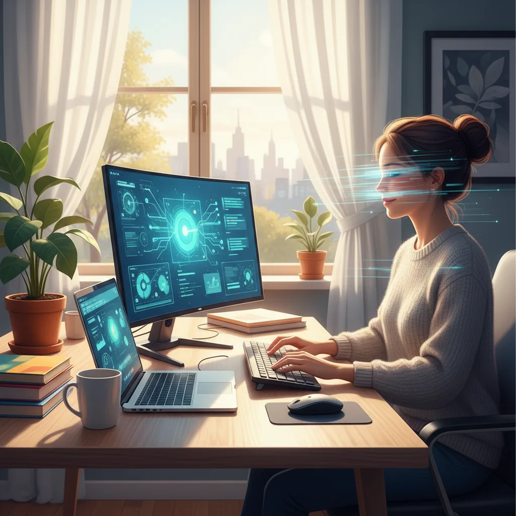 Pessoa trabalhando de forma eficiente em um escritório em casa com mesa organizada e ferramentas digitais
