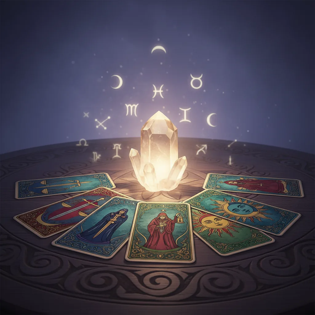 Tarot cards in a spread, with a crystal, symbolizing insight into stagnation and change for signs.